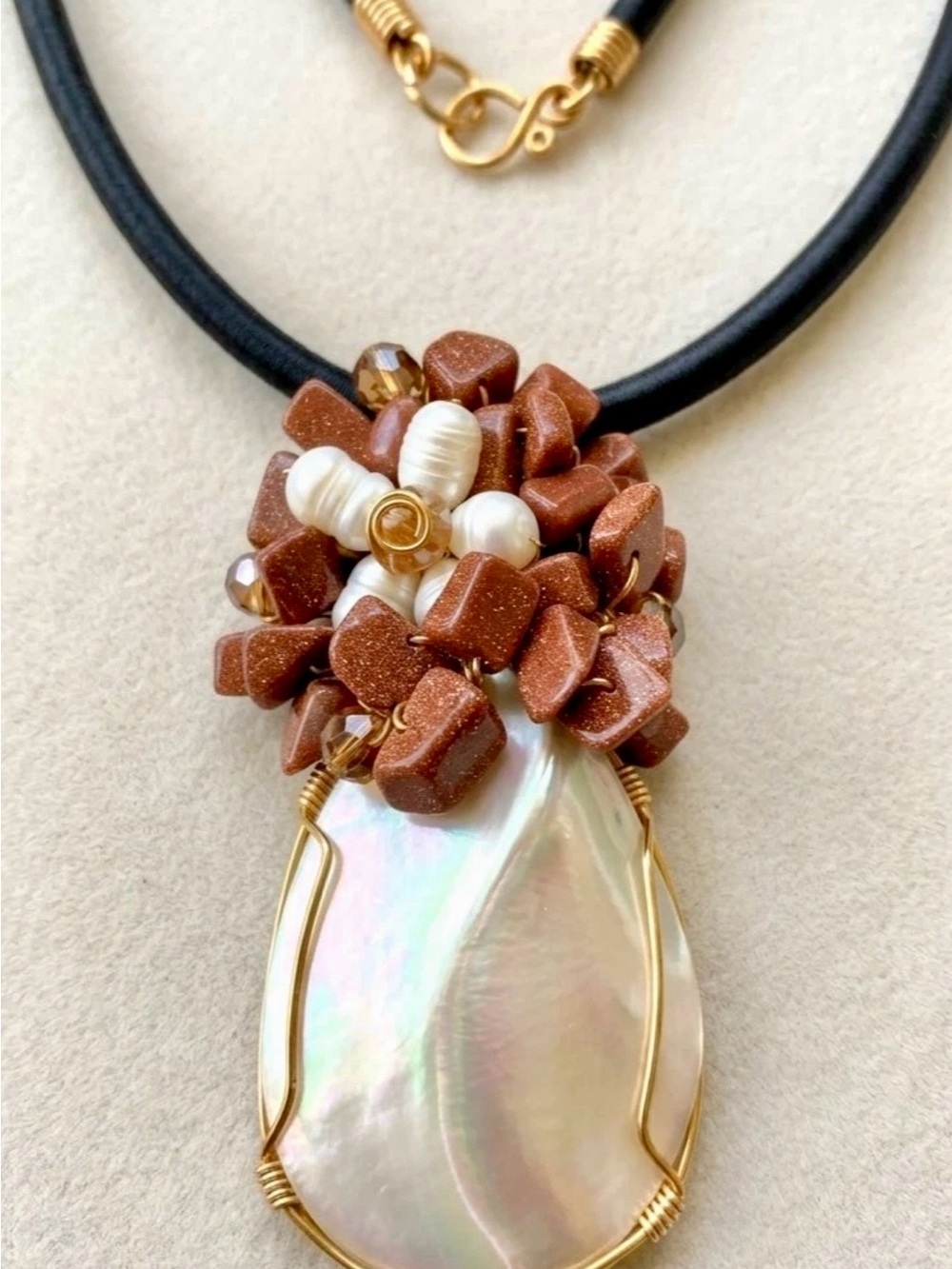 Chan Luu White Pearl Pendant with Coral Cluster on Black Cord - Picture 2 of 7